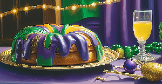 A brightly colored King Cake with festive icing on a table decorated for Mardi Gras.