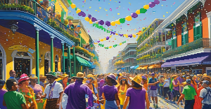 A lively Mardi Gras parade in New Orleans with colorful floats and people in costumes celebrating under a clear blue sky.