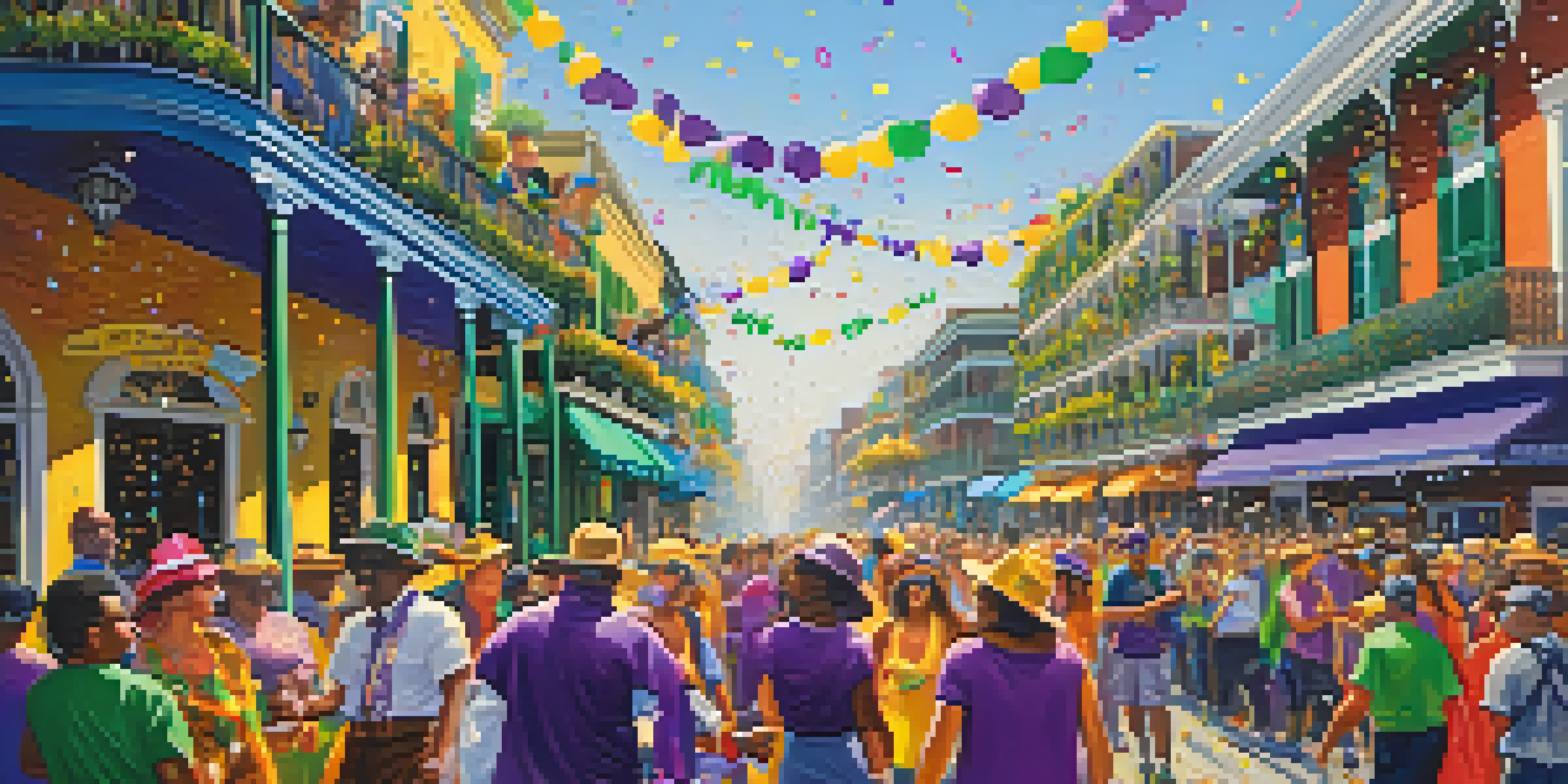 A lively Mardi Gras parade in New Orleans with colorful floats and people in costumes celebrating under a clear blue sky.