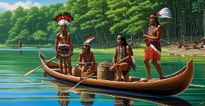 A scenic view of Indigenous tribes fishing and gathering along the Mississippi River, with traditional canoes and lush landscapes.