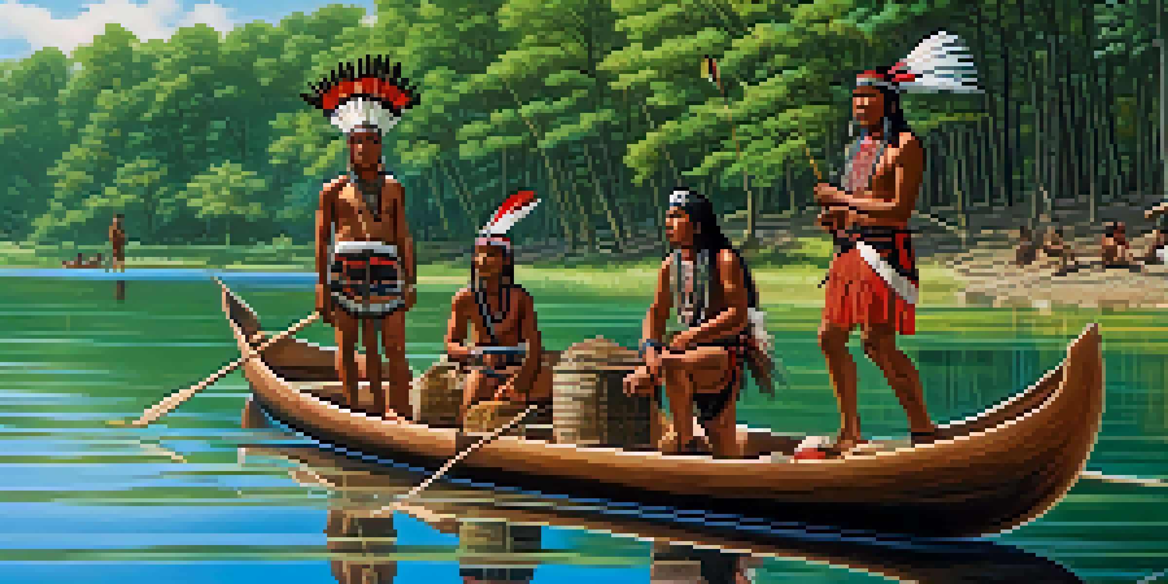 A scenic view of Indigenous tribes fishing and gathering along the Mississippi River, with traditional canoes and lush landscapes.