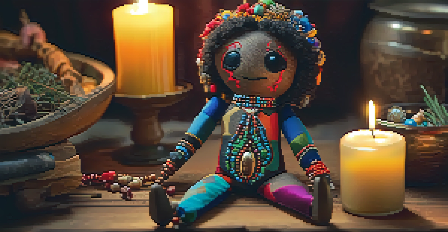 A close-up of a colorful Voodoo doll on a wooden table surrounded by candles and herbs.
