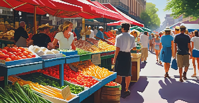 A lively market scene in New Orleans with colorful stalls filled with fresh produce and locals sampling food.