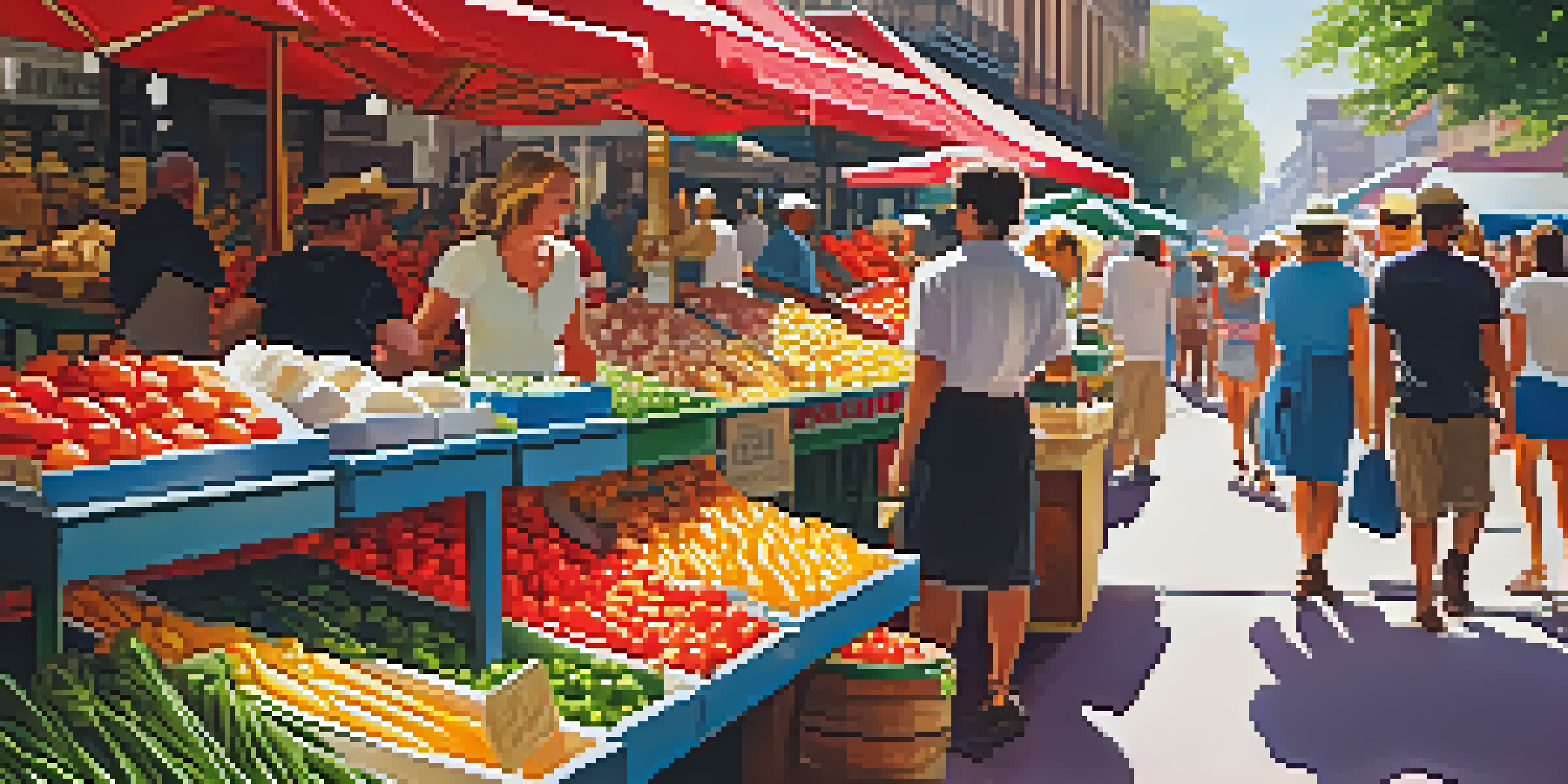 A lively market scene in New Orleans with colorful stalls filled with fresh produce and locals sampling food.
