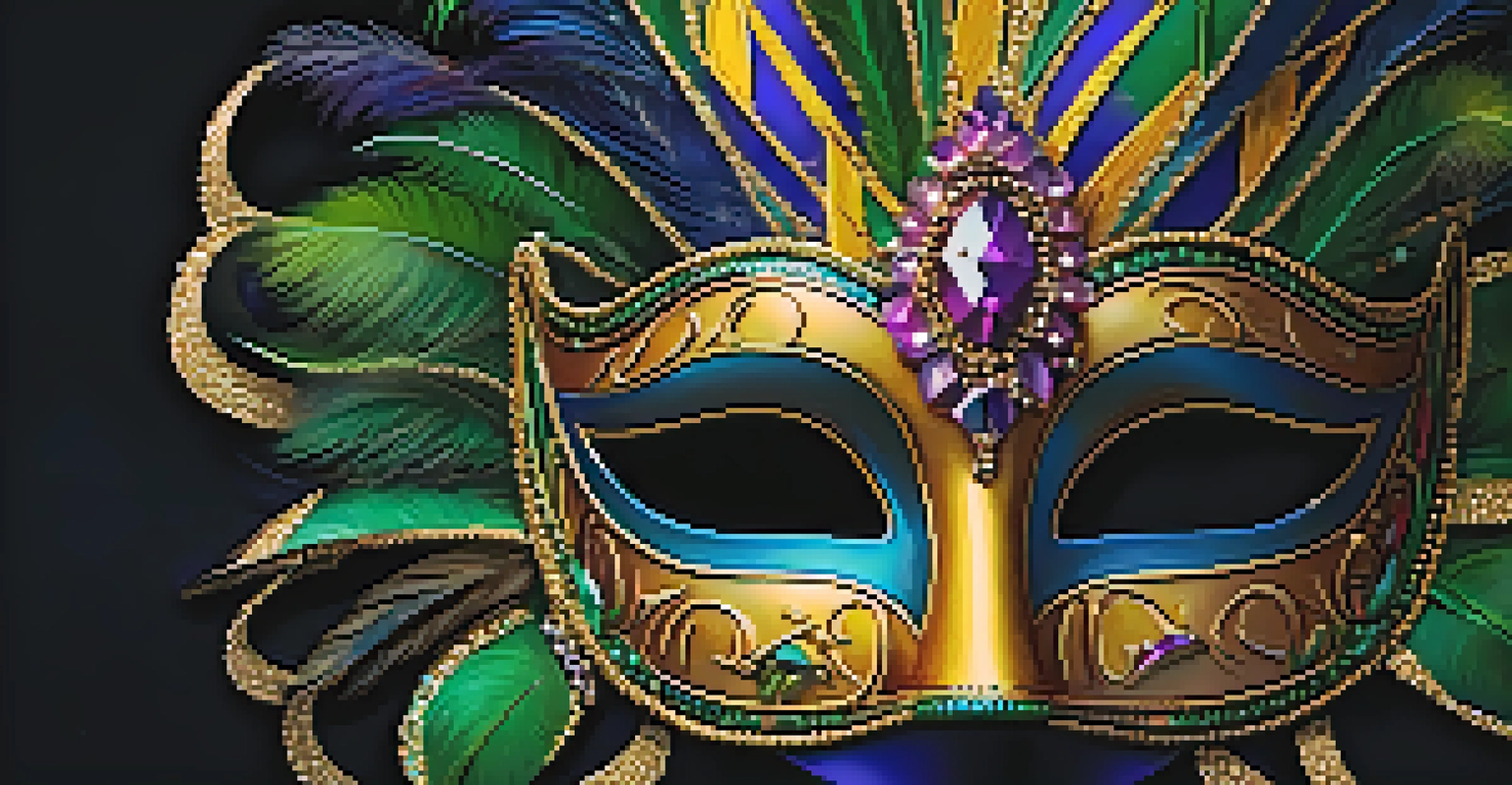 A detailed view of an ornate Mardi Gras mask featuring vibrant colors, feathers, and jewels against a dark background.