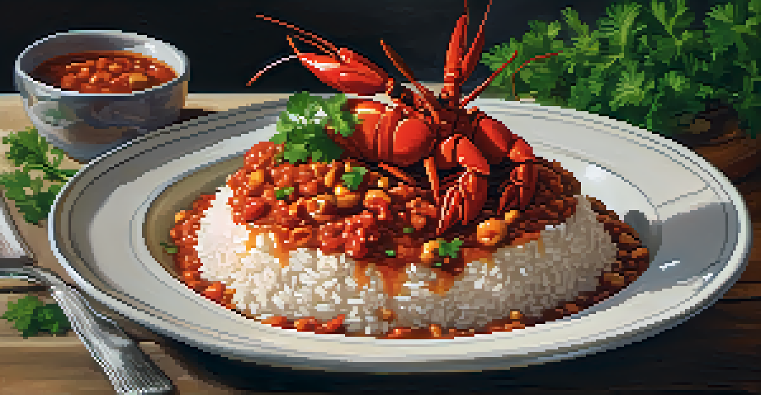 A plated dish of crawfish étouffée over white rice, garnished with parsley and a slice of lemon, presented on a rustic ceramic plate with a spoon.