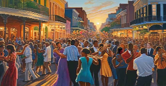 A bustling New Orleans street filled with musicians, dancers, and a lively crowd during a jazz festival, with a warm sunset in the background.