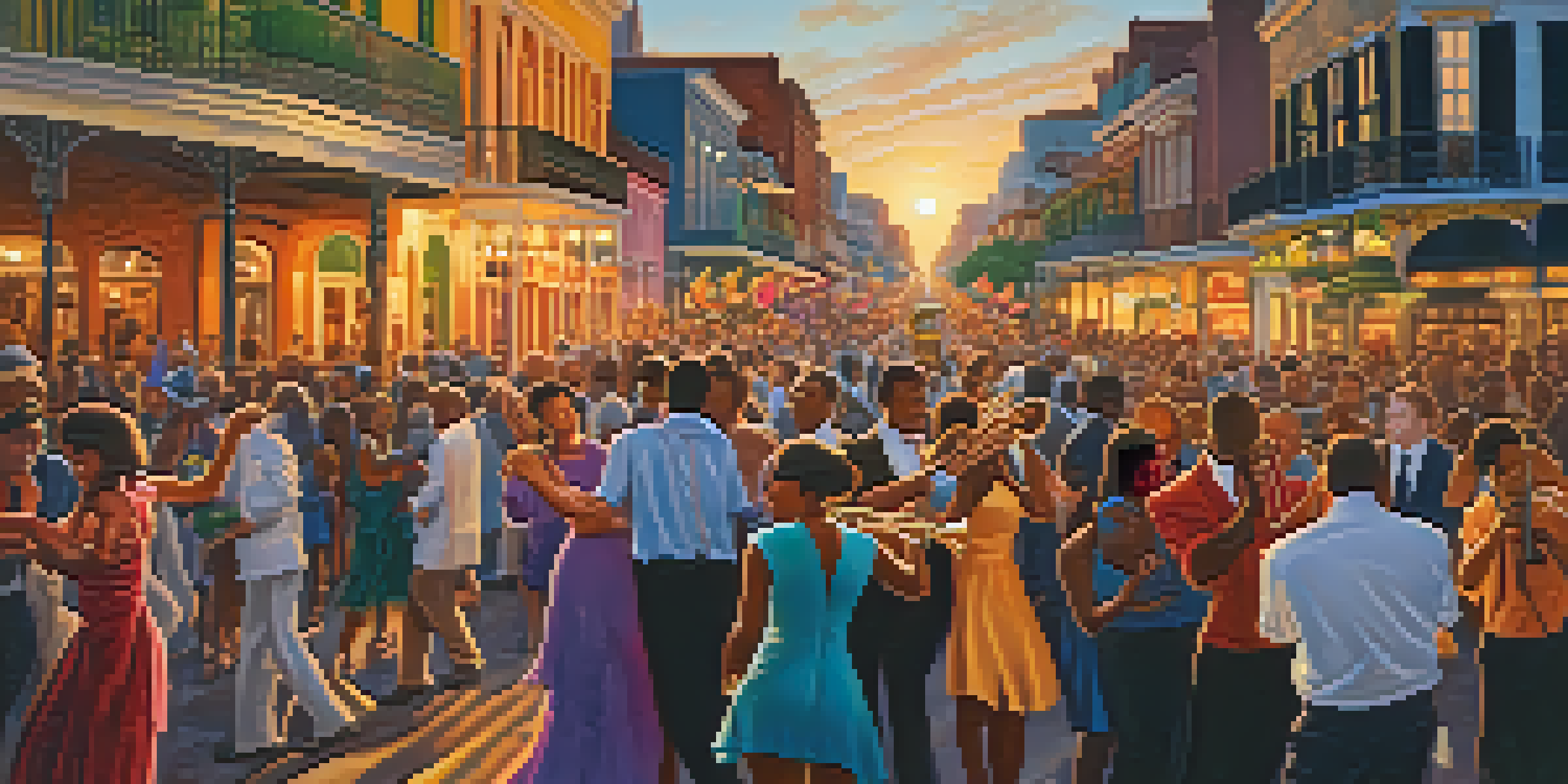 A bustling New Orleans street filled with musicians, dancers, and a lively crowd during a jazz festival, with a warm sunset in the background.