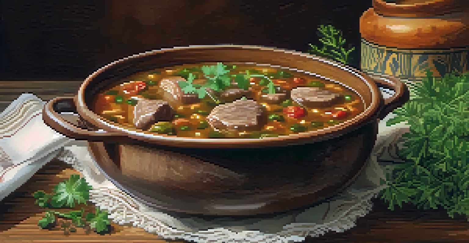 A plate of gumbo garnished with herbs, set on a rustic table in a warm kitchen environment.