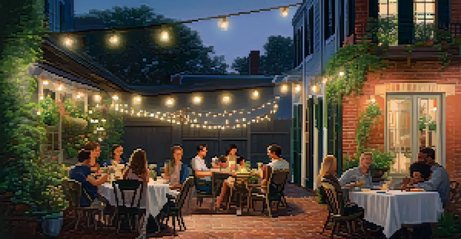 A warm evening in a New Orleans courtyard, with string lights illuminating a family gathered around an outdoor table amidst plants and flowers.