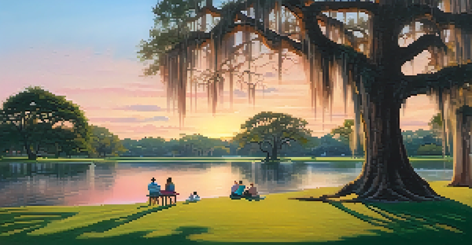 A tranquil scene in City Park featuring large oak trees with Spanish moss, a calm lagoon, and families enjoying a picnic during sunset.
