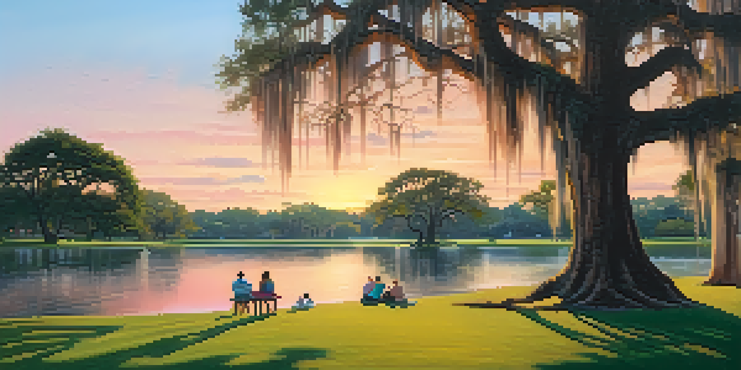 A tranquil scene in City Park featuring large oak trees with Spanish moss, a calm lagoon, and families enjoying a picnic during sunset.
