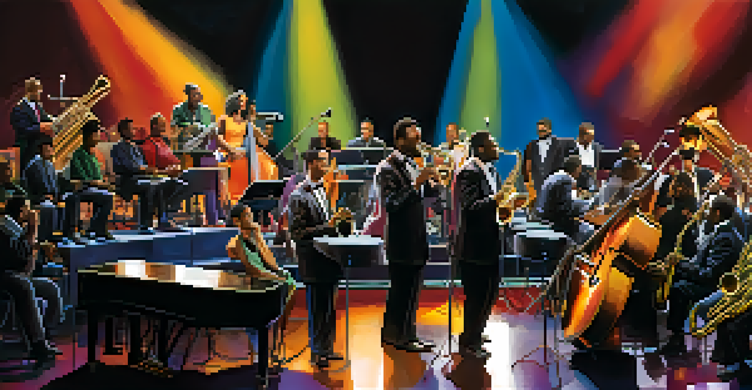 A modern jazz concert with diverse musicians playing traditional and contemporary instruments on stage.