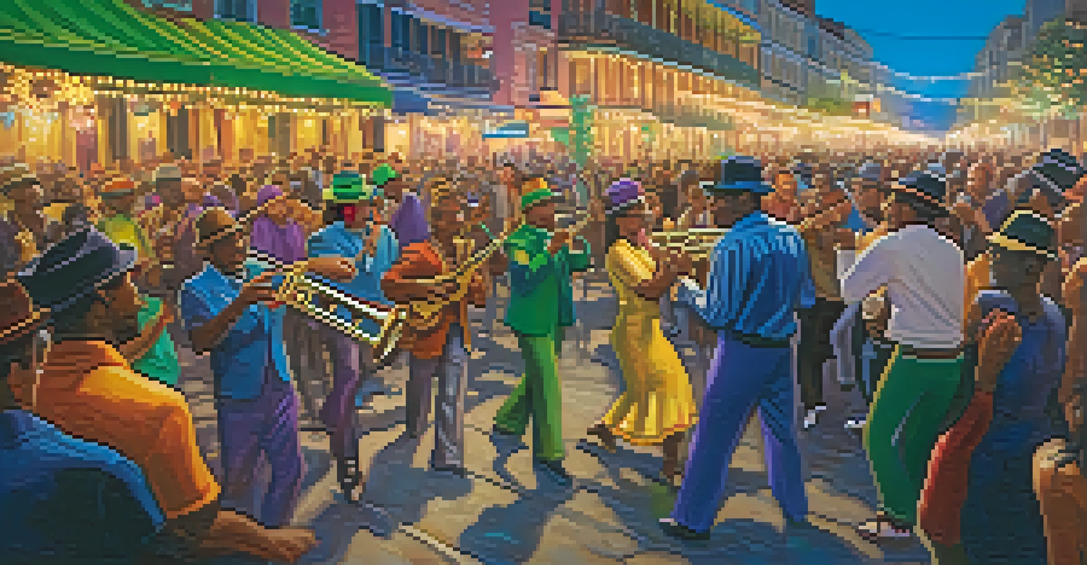 A street musician in colorful attire playing jazz music with dancing crowds around him during Mardi Gras.