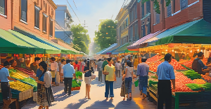 A vibrant Vietnamese street market in New Orleans with colorful stalls and diverse people.