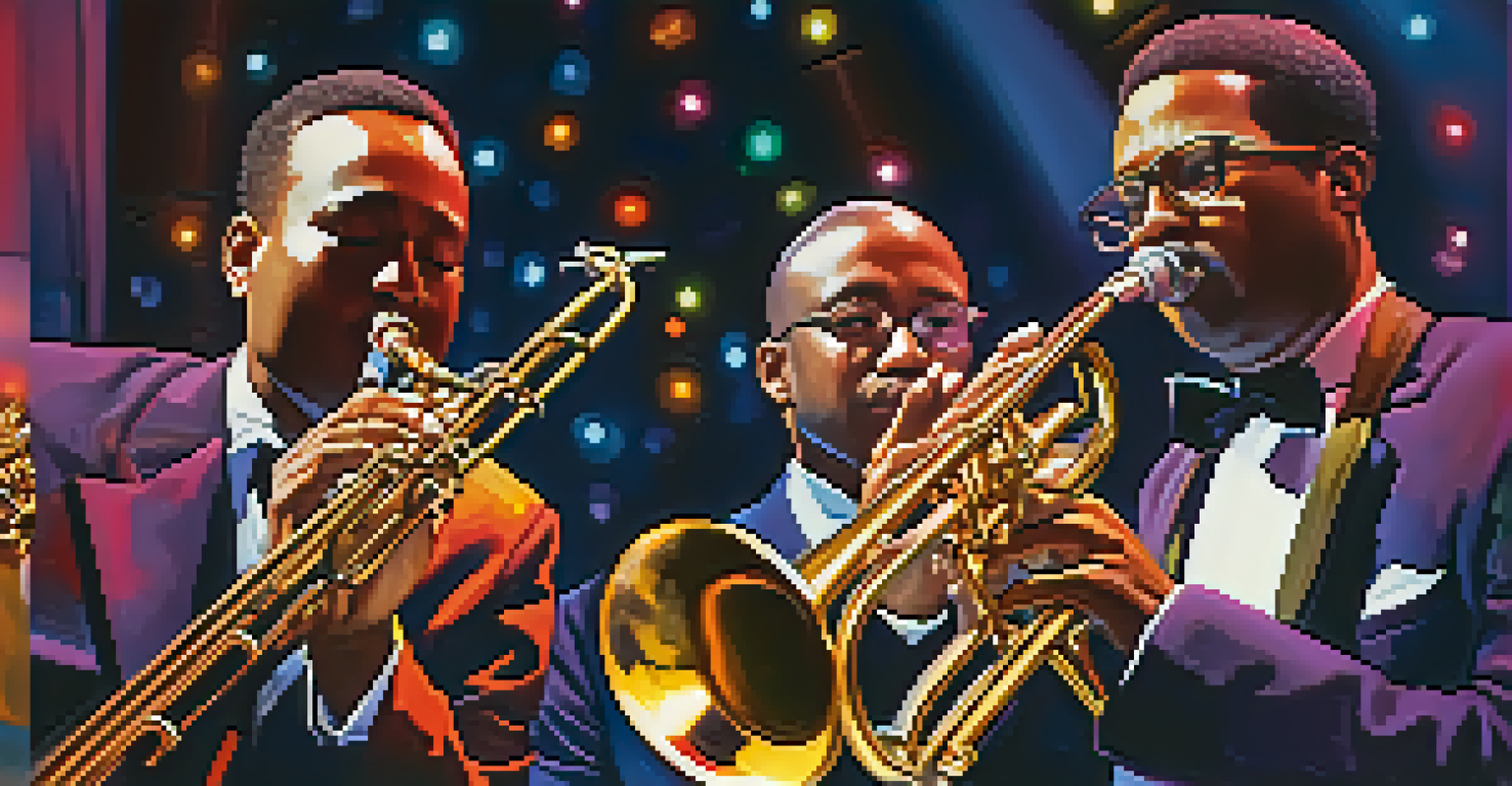 A jazz band on stage with a trumpet player, pianist, and drummer, illuminated by colorful stage lights, capturing the essence of live jazz performance.