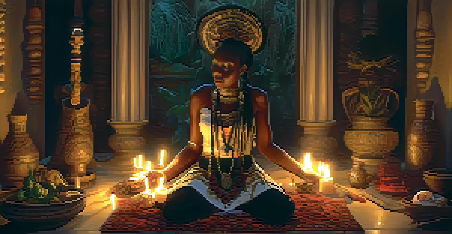 A Voodoo priestess performing a ritual in a candlelit room, surrounded by candles and herbs, creating a mysterious and reverent atmosphere.