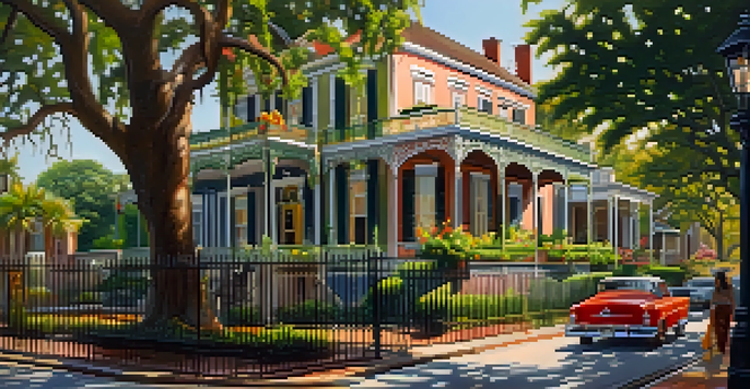 A beautiful view of the Garden District showing elegant mansions with intricate ironwork and vibrant gardens under warm sunlight.