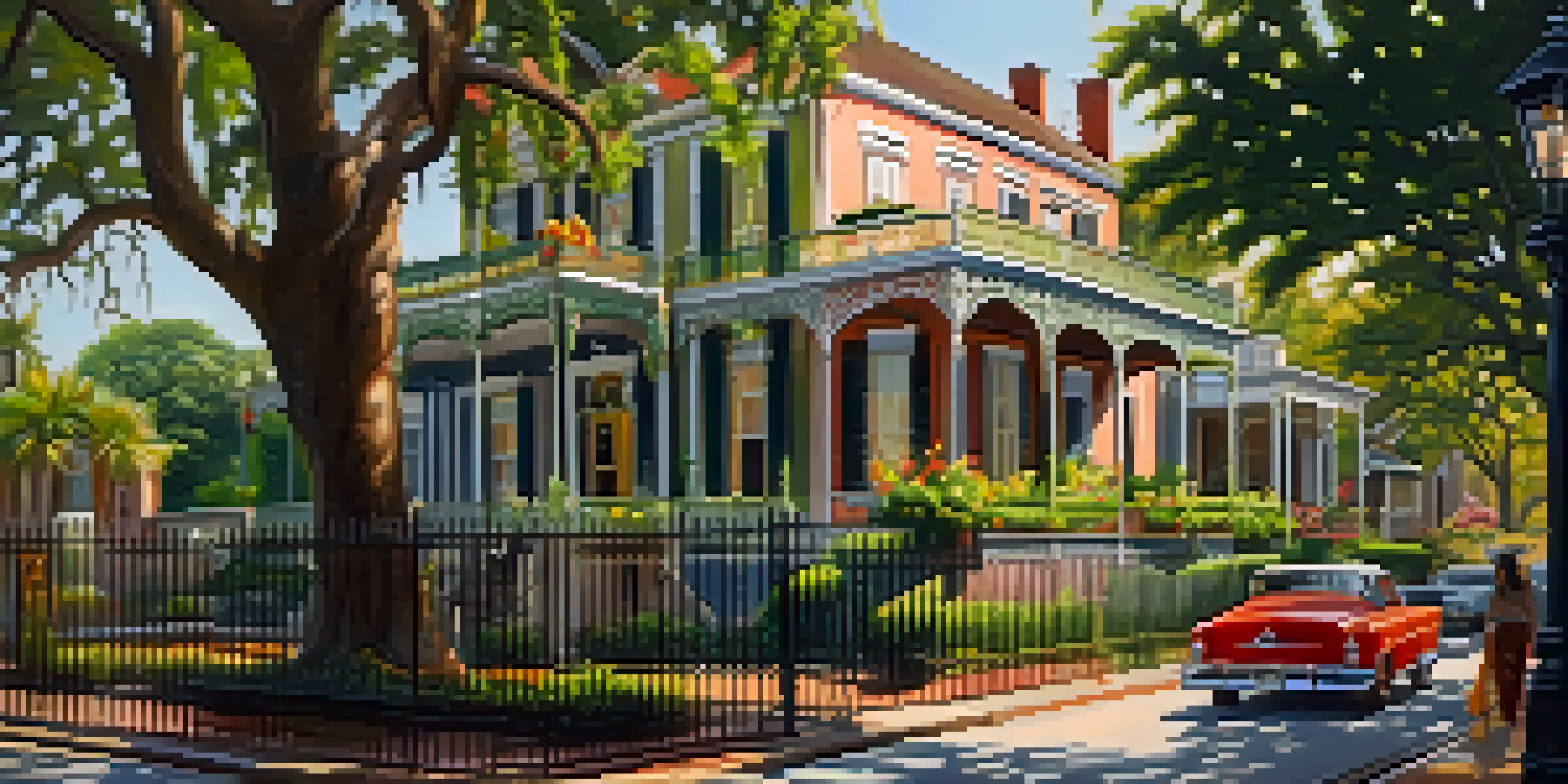 A beautiful view of the Garden District showing elegant mansions with intricate ironwork and vibrant gardens under warm sunlight.