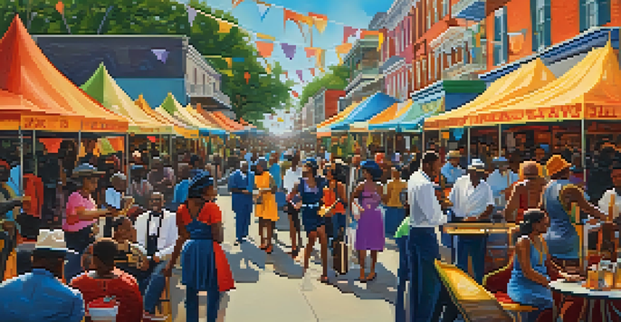 A lively street scene in New Orleans during the Jazz & Heritage Festival, with diverse people enjoying music and food stalls.