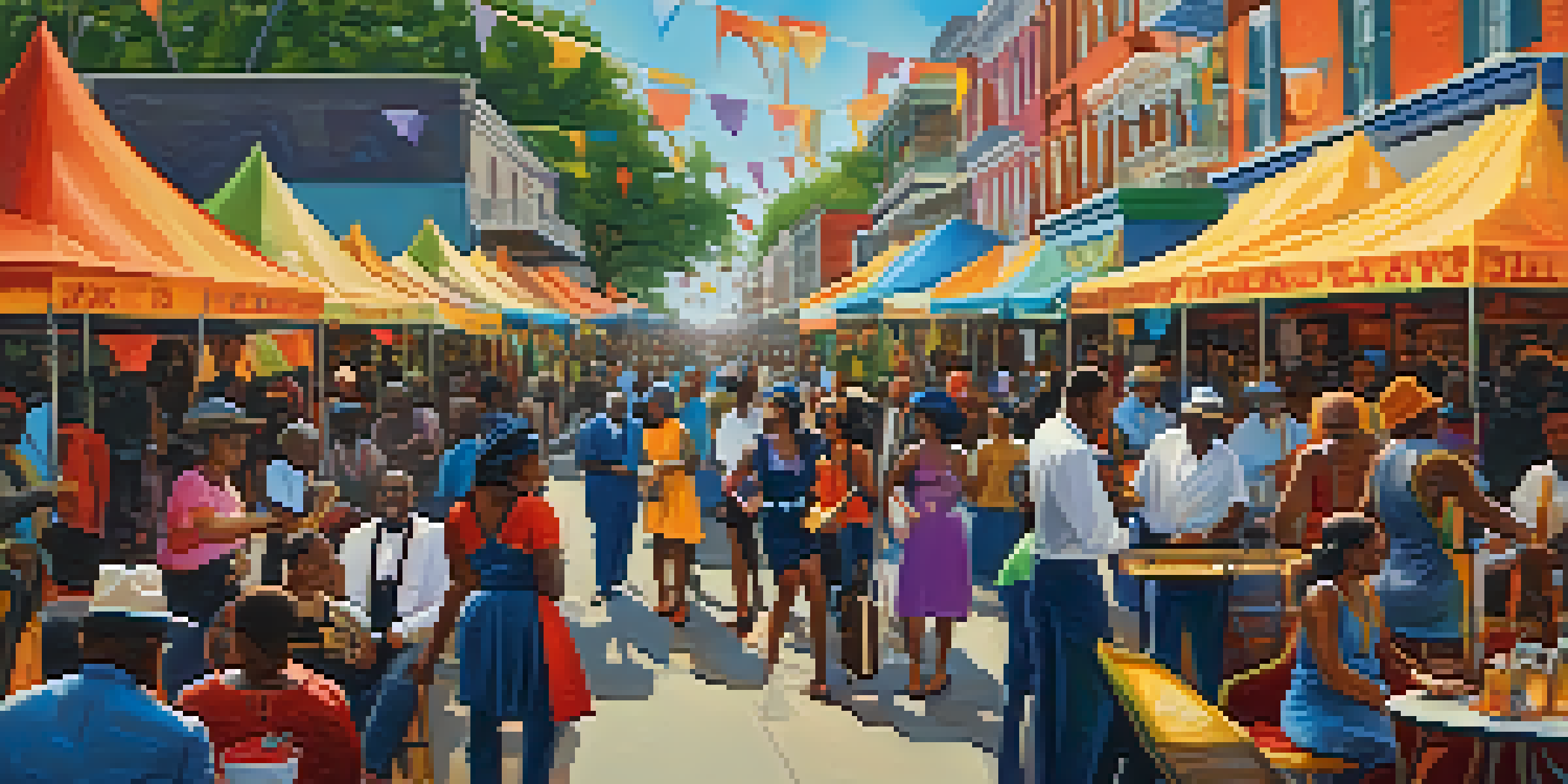 A lively street scene in New Orleans during the Jazz & Heritage Festival, with diverse people enjoying music and food stalls.