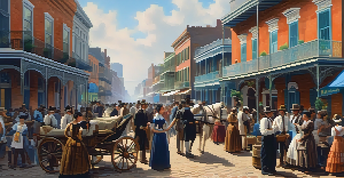 A lively street scene in New Orleans during the 1860s, with market stalls and people in historical attire.