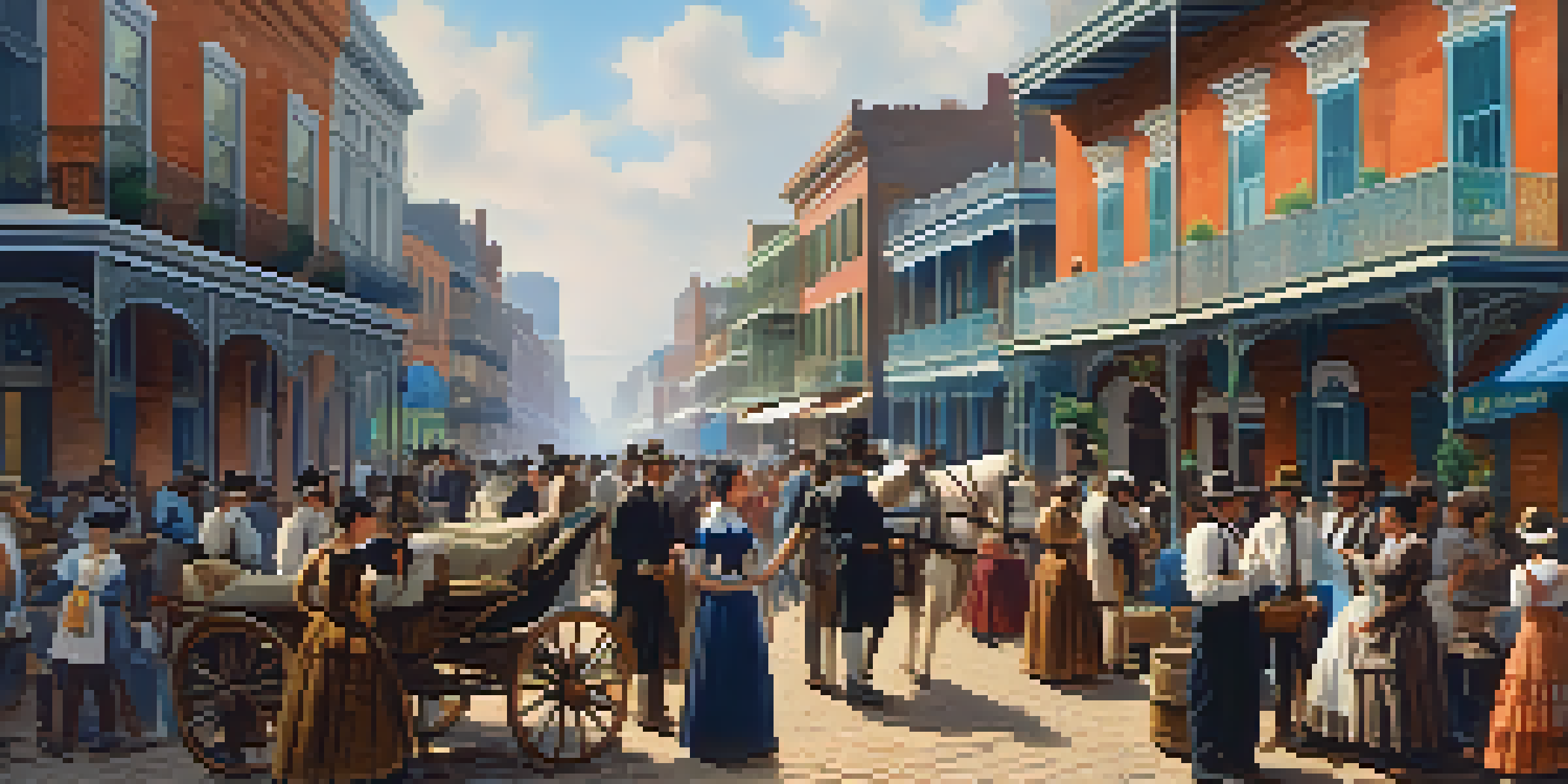 A lively street scene in New Orleans during the 1860s, with market stalls and people in historical attire.