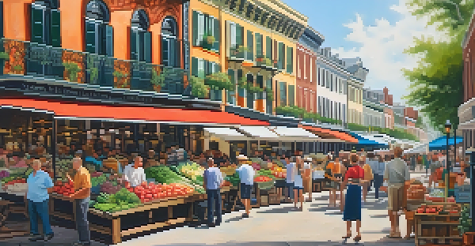 A lively French market in New Orleans filled with fresh produce and herbs, surrounded by colorful stalls and historic French colonial architecture.