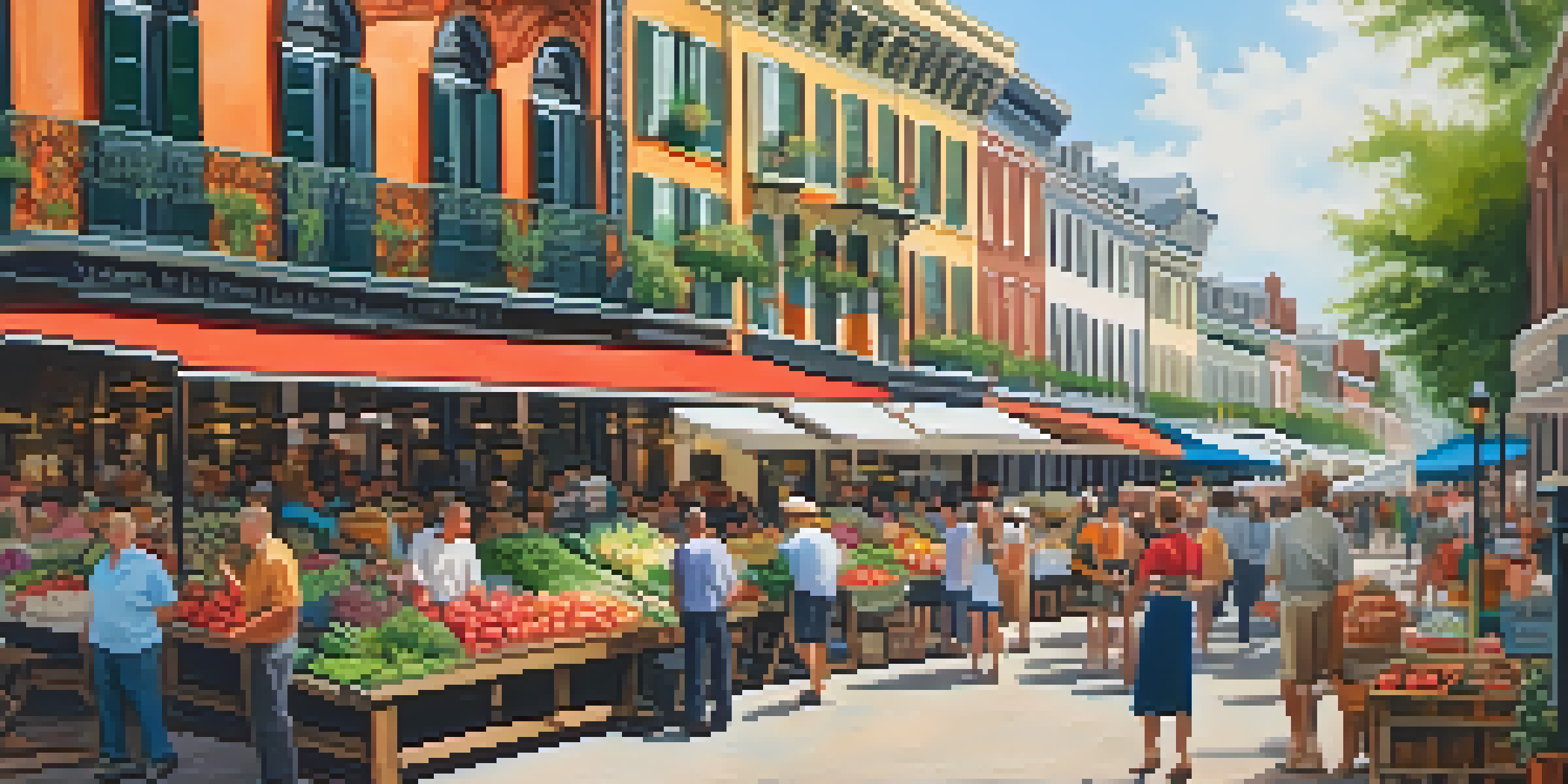 A lively French market in New Orleans filled with fresh produce and herbs, surrounded by colorful stalls and historic French colonial architecture.