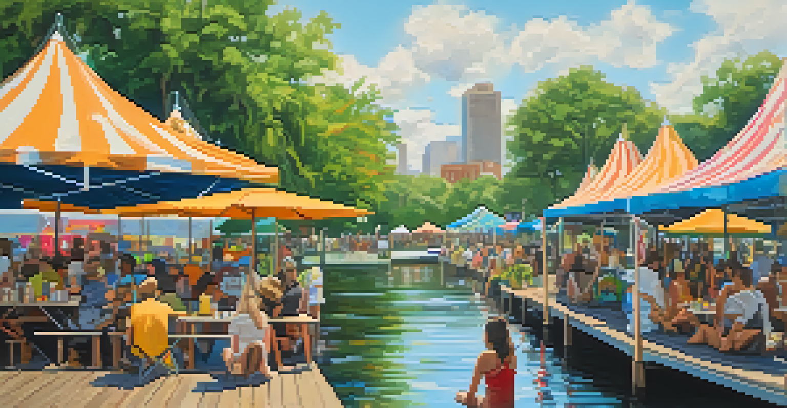 A scenic view of Bayou Boogaloo festival along Bayou St. John, with colorful tents, art displays, and people enjoying food and live music in a lush green setting.
