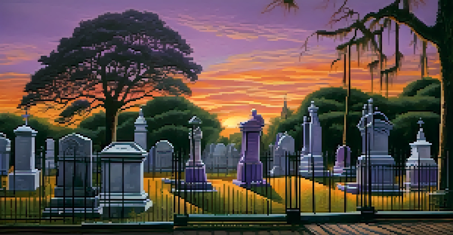 A serene view of a New Orleans cemetery at dusk, showcasing ornate tombstones and Spanish moss under a colorful sunset sky.