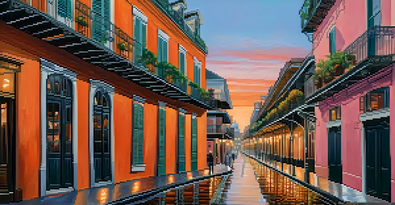 A sunset view of the French Quarter in New Orleans, highlighting its historic architecture and lively streets.