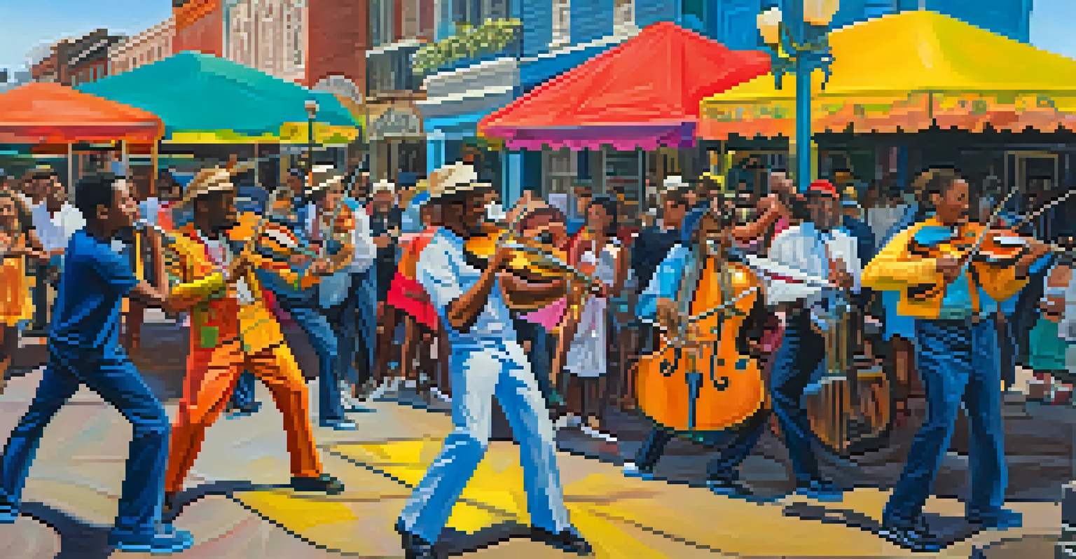 Musicians performing at a lively street festival in New Orleans, depicting the city's cultural revival after Hurricane Katrina.