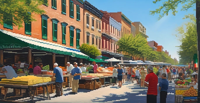 A vibrant street market in New Orleans showcasing Italian ingredients and local people interacting.