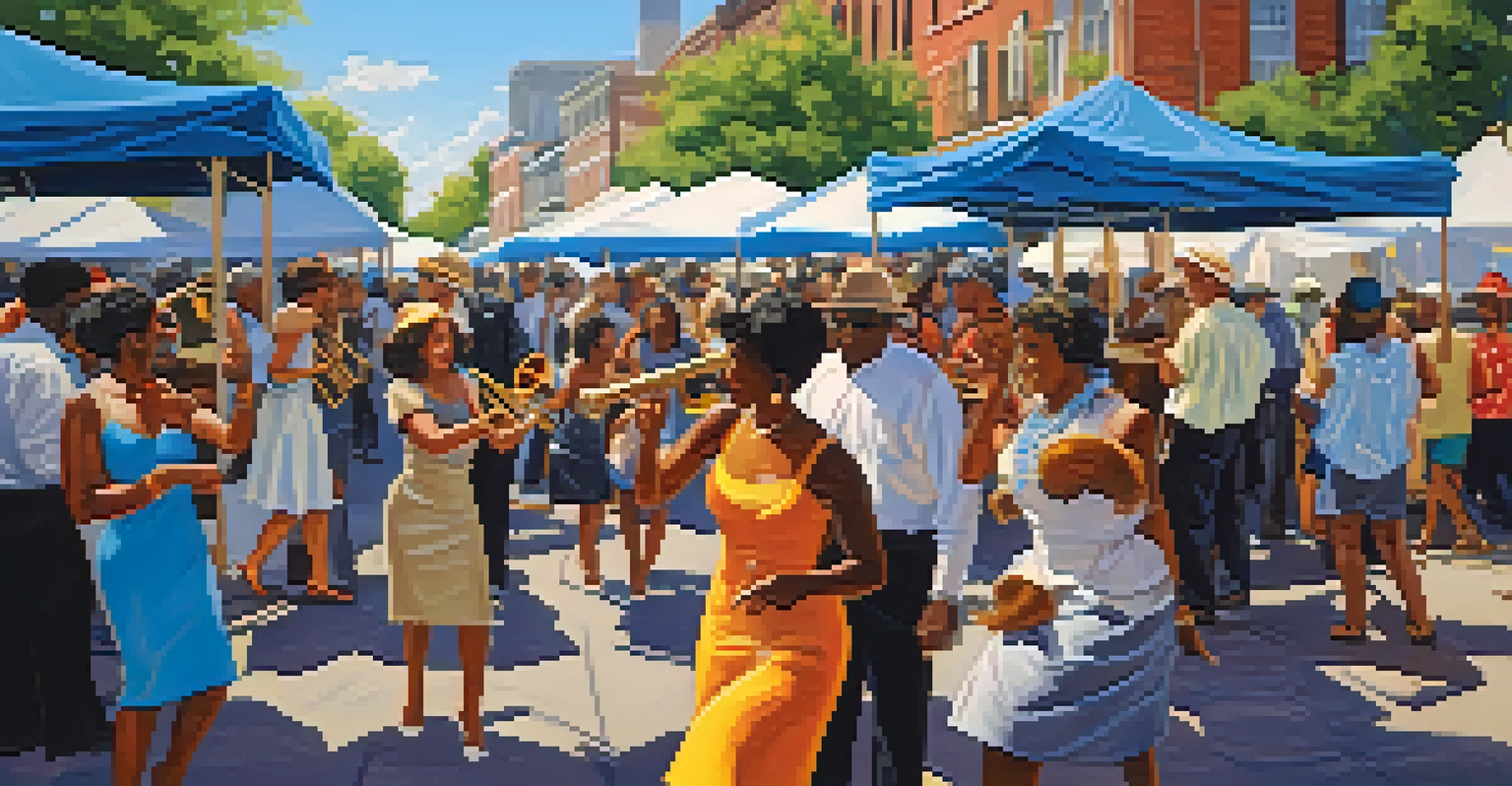 A vibrant outdoor jazz festival in New Orleans with a diverse crowd dancing and enjoying the music, surrounded by food stalls and local art.