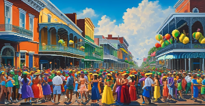 A festive street scene in New Orleans featuring colorful parade floats and crowds in vibrant costumes celebrating Mardi Gras with historic buildings behind them.