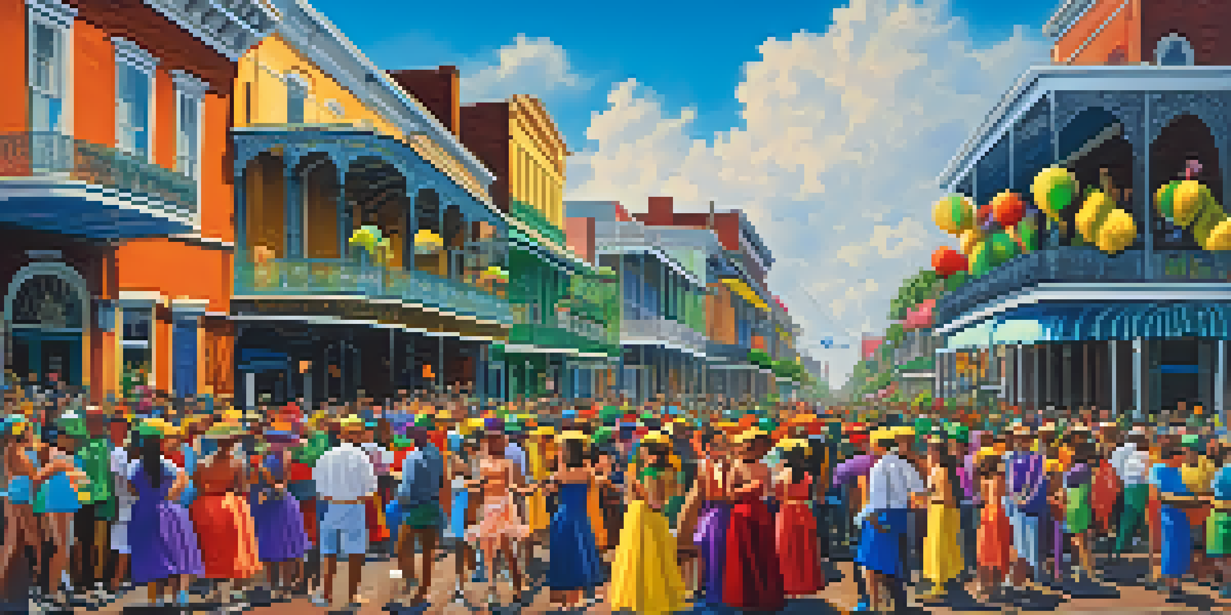 A festive street scene in New Orleans featuring colorful parade floats and crowds in vibrant costumes celebrating Mardi Gras with historic buildings behind them.