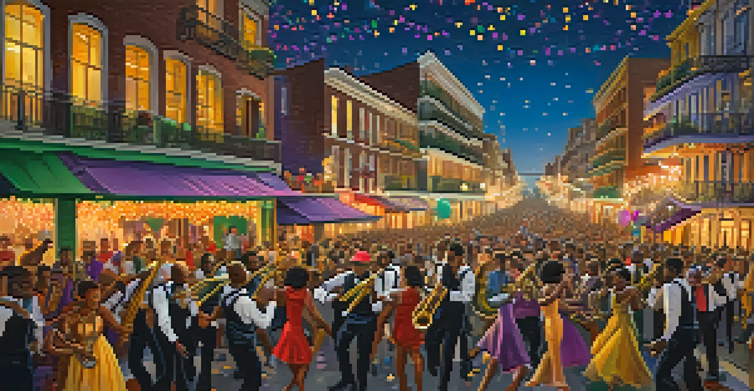 Musicians and dancers performing in a lively Mardi Gras street scene filled with colors and confetti, illuminated by street lamps at dusk.
