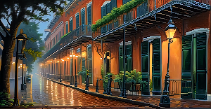 A picturesque street in New Orleans at dusk, showcasing historic buildings with wrought-iron balconies and warm street lamp light.