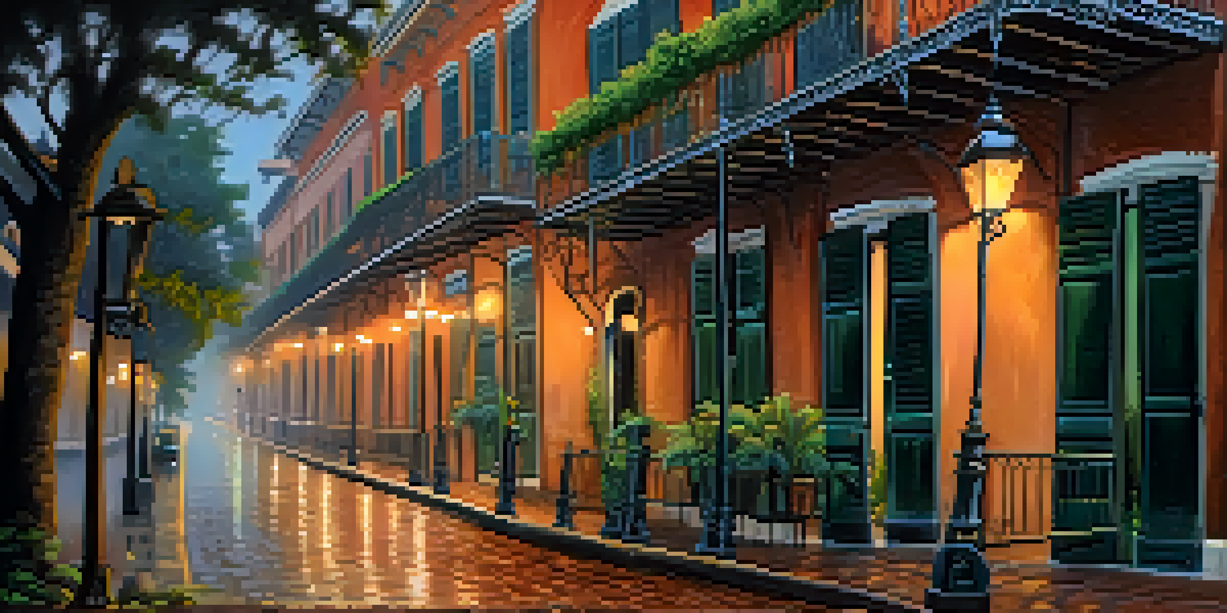 A picturesque street in New Orleans at dusk, showcasing historic buildings with wrought-iron balconies and warm street lamp light.