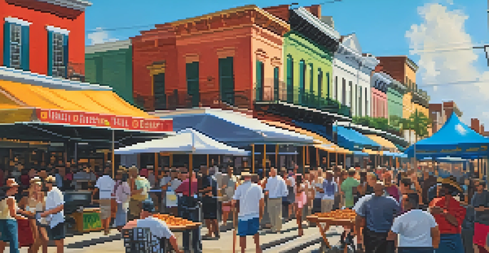 A lively New Orleans food festival with colorful stalls, vendors selling gumbo and beignets, and people enjoying the festive atmosphere.