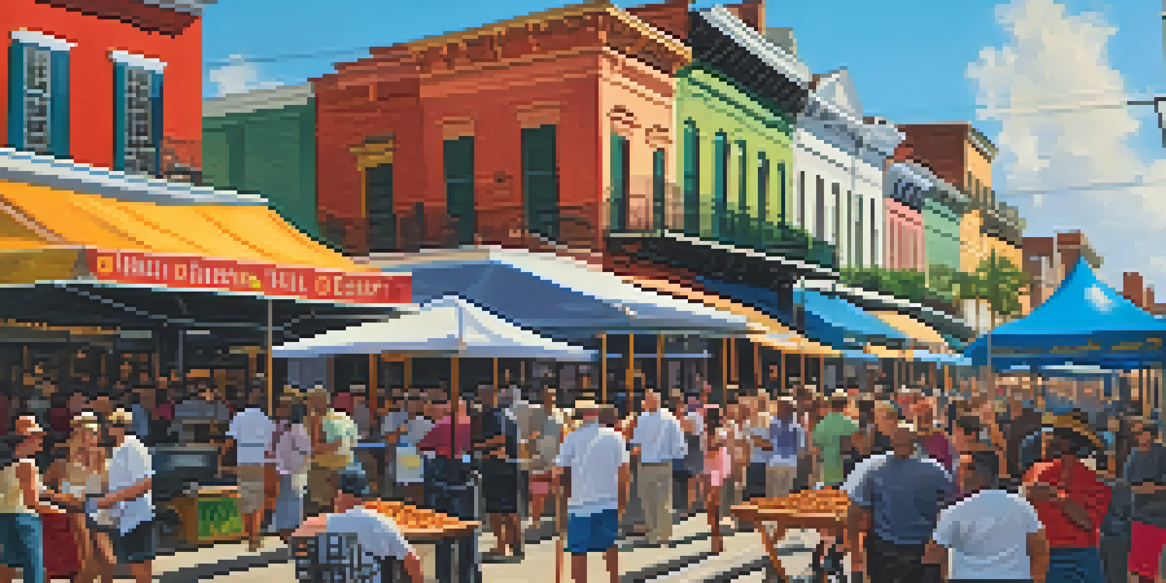 A lively New Orleans food festival with colorful stalls, vendors selling gumbo and beignets, and people enjoying the festive atmosphere.