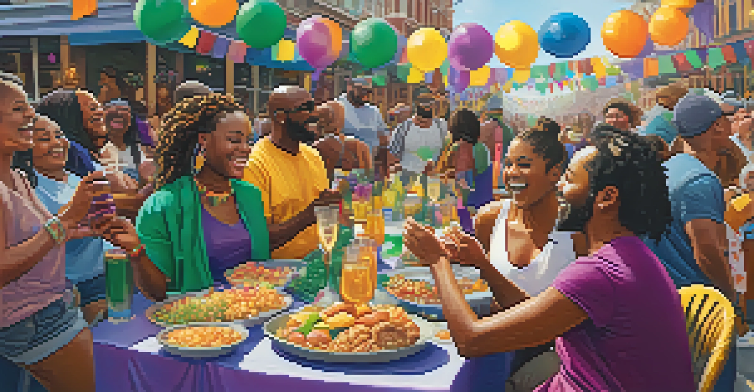 A group of diverse friends celebrating Mardi Gras outdoors, wearing masks and sharing food.