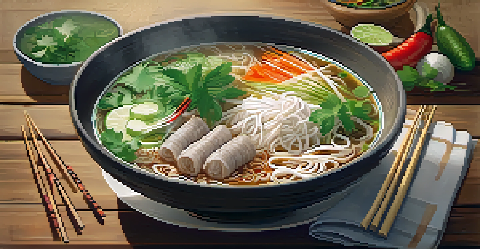 A bowl of pho with fresh herbs and vegetables on a rustic wooden table.