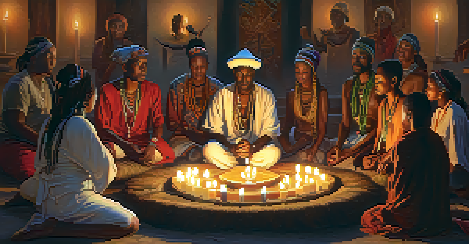 A group of people in a Voodoo healing ritual, gathered in a circle with candles and spiritual symbols, showcasing expressions of focus and reverence.