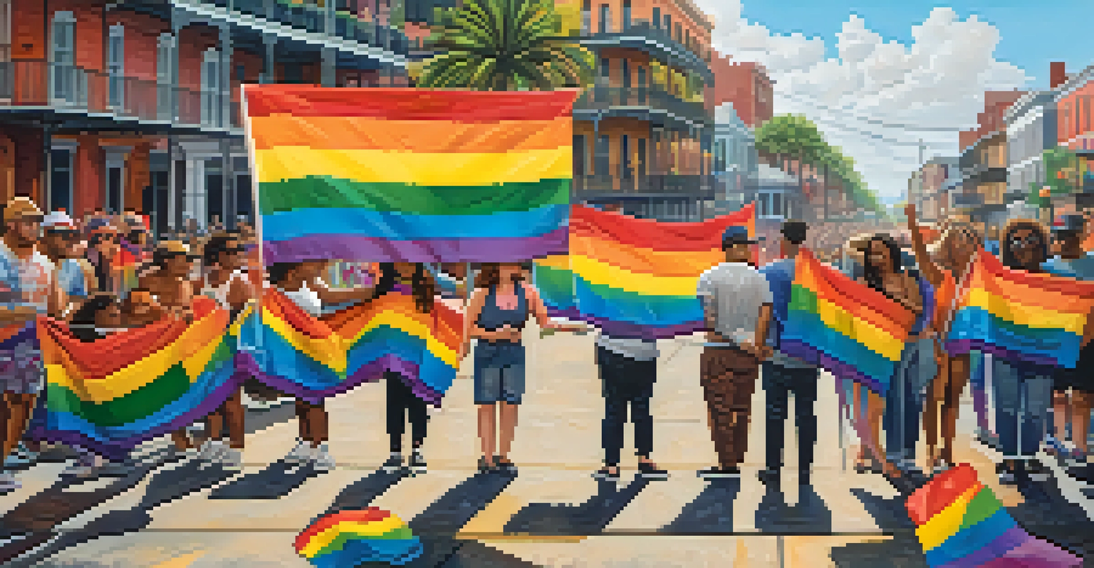 A diverse group of allies at New Orleans Pride holding rainbow flags, standing in front of a mural that celebrates LGBTQ+ history, symbolizing support and solidarity.