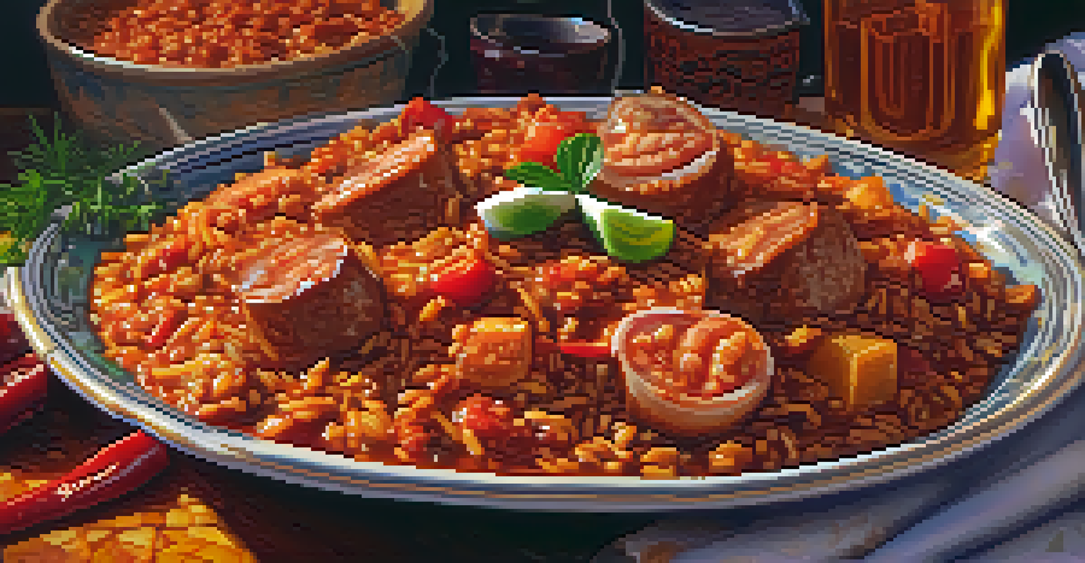 A close-up of a delicious plate of jambalaya, capturing the vibrant colors and textures of the dish amidst a festival backdrop.