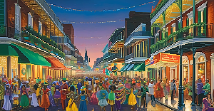 A lively street scene in New Orleans during Mardi Gras, showcasing colorful floats and participants in festive costumes against a backdrop of historic architecture.
