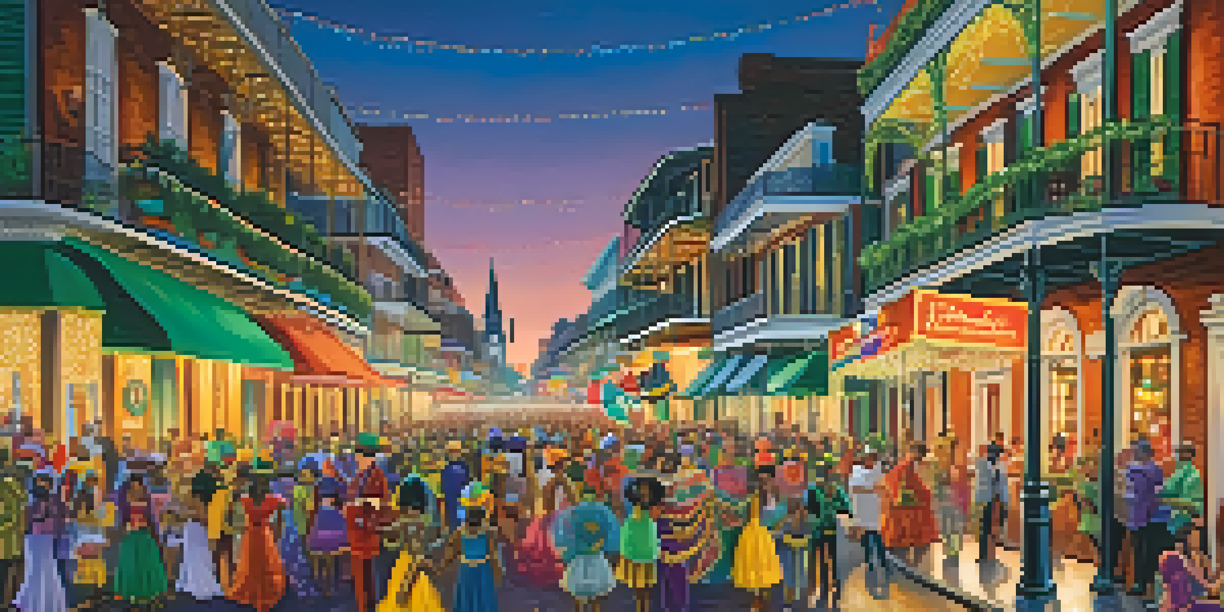 A lively street scene in New Orleans during Mardi Gras, showcasing colorful floats and participants in festive costumes against a backdrop of historic architecture.
