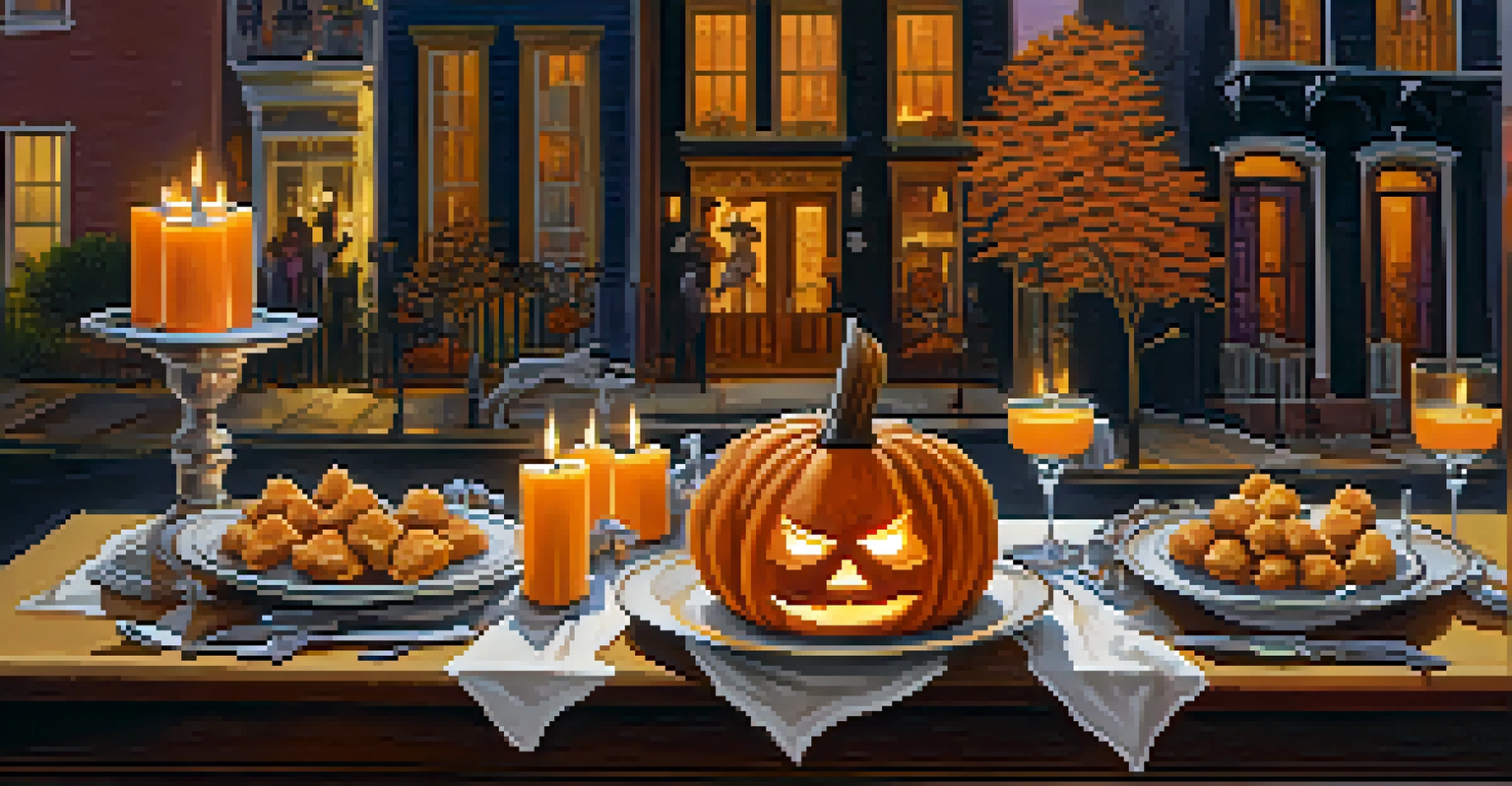 A Halloween-themed dinner table featuring pumpkin treats and decorations, set against a lively street scene.